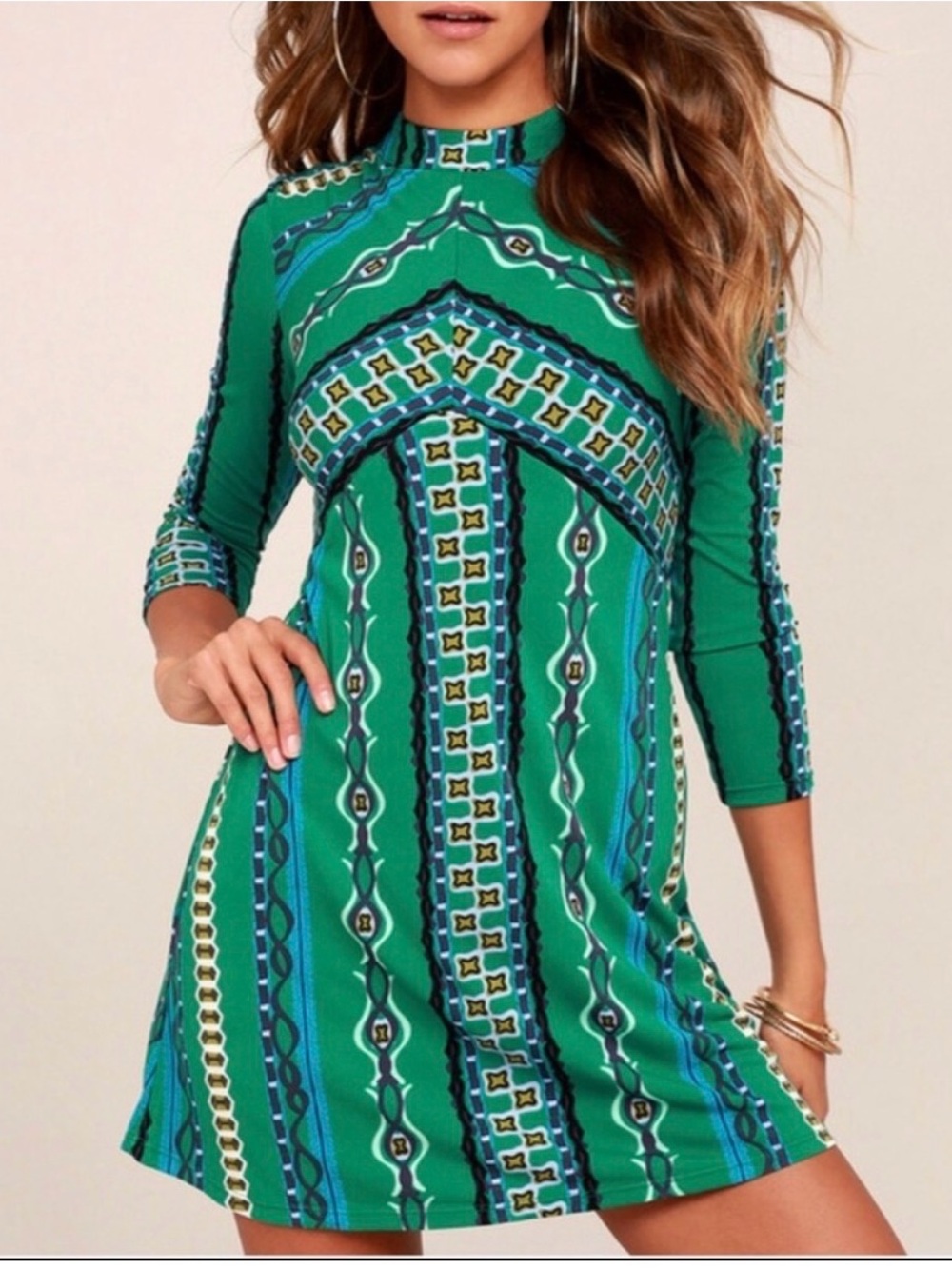Free People Teal Geometric Long-Sleeve Dress